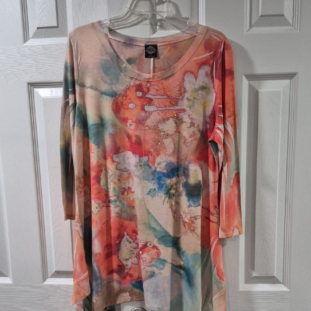 Cal Style USA Tunic TOP Sharkbite Hem Embellished 3/4 Sleeves Women's Large